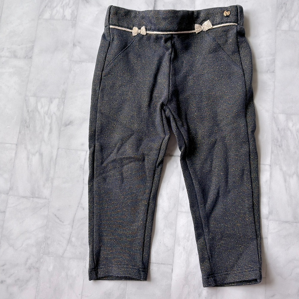 Lili Gaufrette Girl’s Metallic Gold & Navy Blue Jersey Trousers with Bows